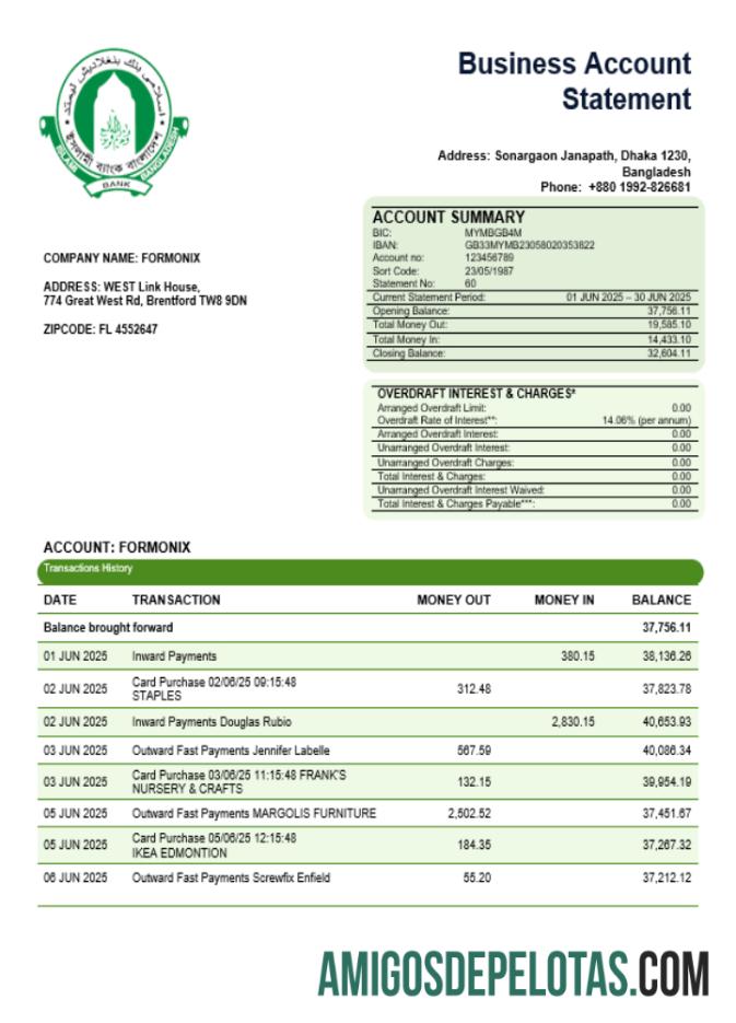 Em branco Islami Bank Business Statement modelo Word e PDF